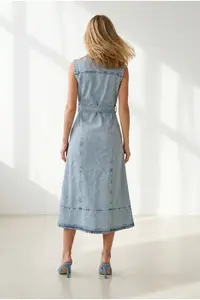 Olalook Women's Light Blue Half-Length Zippered Slit Long Denim Dress - Image 4