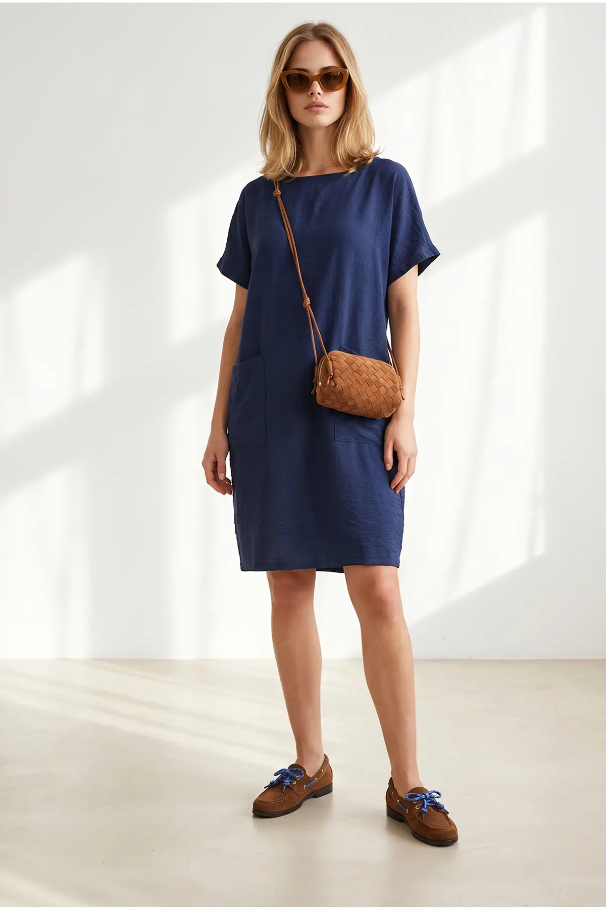 Olalook Women's Navy Blue Double Pocket Wide Fit Mini Dress