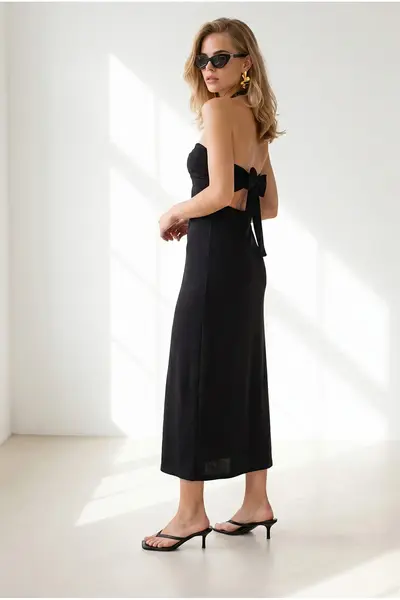 Olalook Women's Black Halter Neck Deep Back Low-cut Maxi Dress