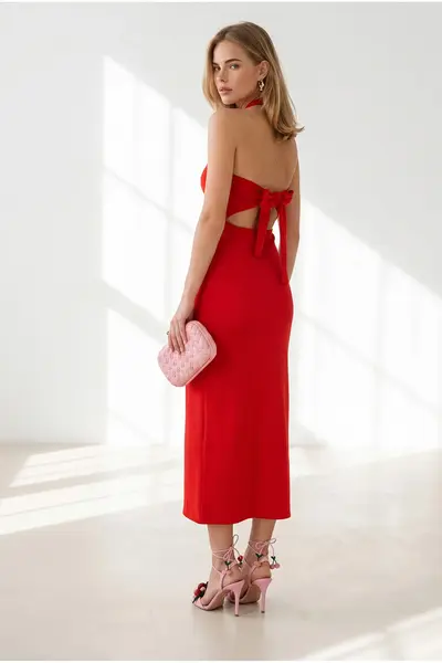 Olalook Women's Red Halter Neck Deep Back Low-cut Maxi Dress