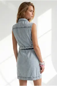 Olalook Women's Light Blue Embroidery Detailed Belted Mini Denim Dress - Image 5