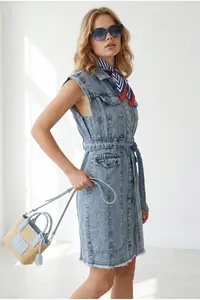 Olalook Women's Light Blue Belted Pocket Tassel Detailed Mini Denim Dress - Image 2