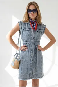 Olalook Women's Light Blue Belted Pocket Tassel Detailed Mini Denim Dress - Image 4