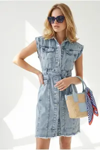 Olalook Women's Light Blue Belted Pocket Tassel Detailed Mini Denim Dress - Image 5