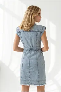 Olalook Women's Light Blue Belted Pocket Tassel Detailed Mini Denim Dress - Image 6