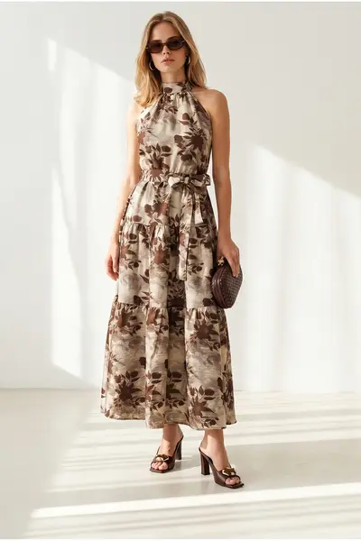 Olalook Women's Stone Halter Collar Belted Maxi Woven Dress