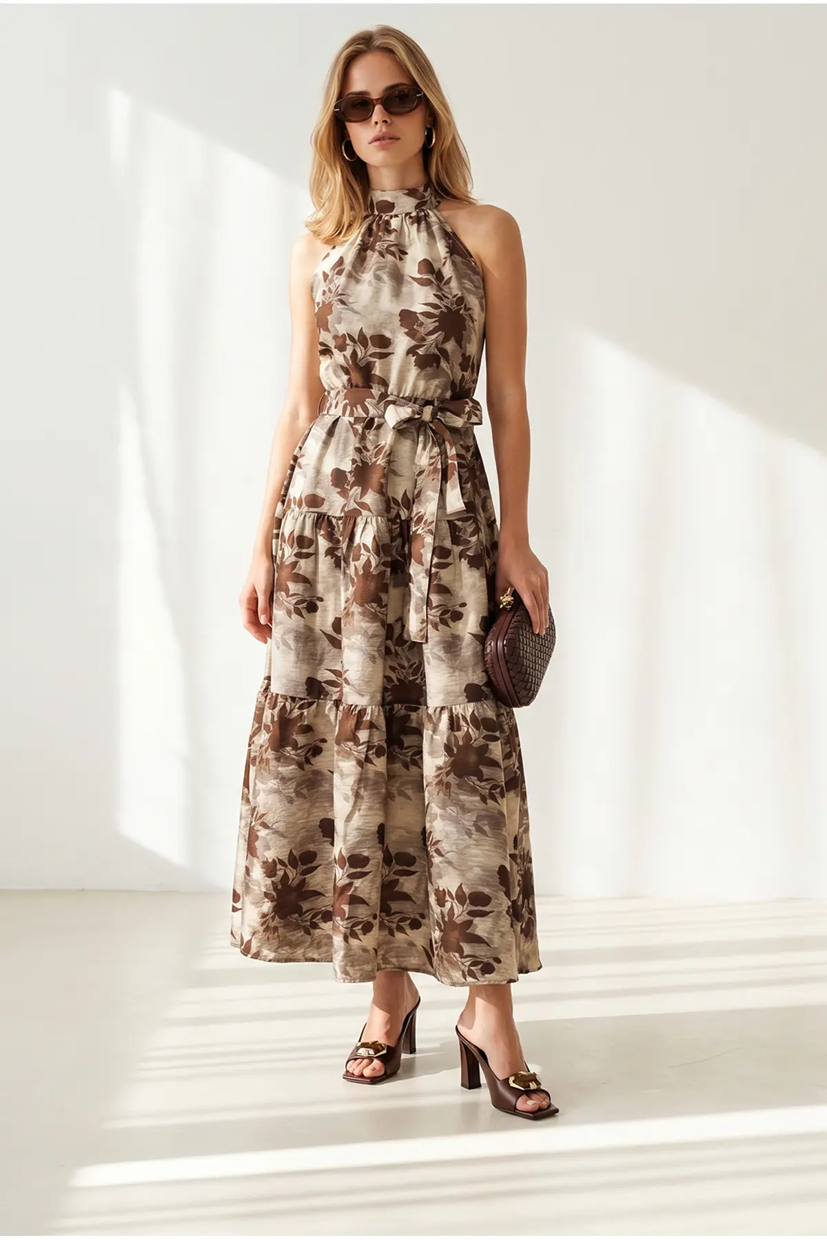 Olalook Women's Stone Halter Collar Belted Maxi Woven Dress