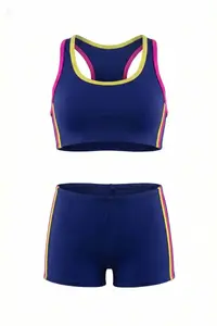 Endeep Girl's Navy Blue-Pink Bustier Shorts Swim Swimsuit Bikini Set
