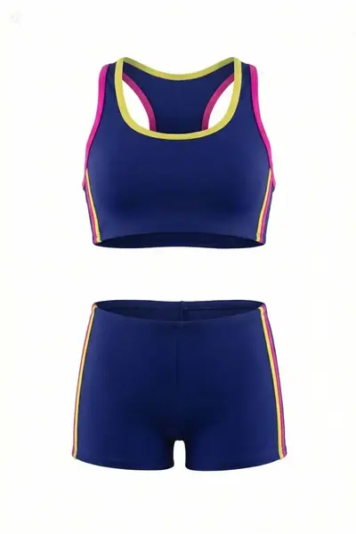 Endeep Girl's Navy Blue-Pink Bustier Shorts Swim Swimsuit Bikini Set