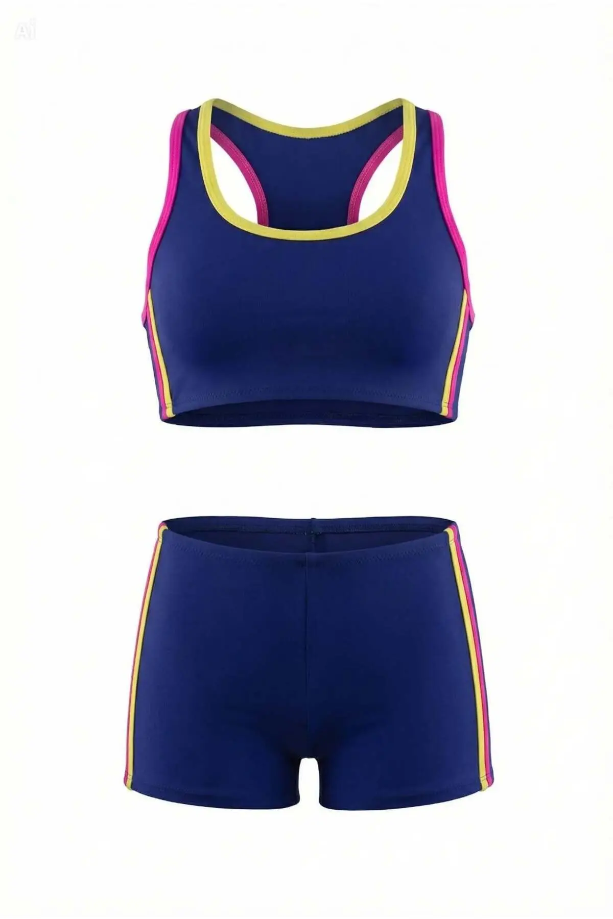 Endeep Girl's Navy Blue-Pink Bustier Shorts Swim Swimsuit Bikini Set