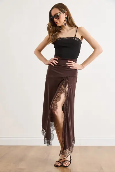 Olalook Women's Brown Slit Asymmetrical Lace Detailed Sandy Skirt