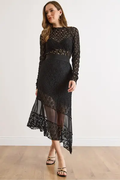 Olalook Women's Black Tulle Detailed Lined Lace Skirt