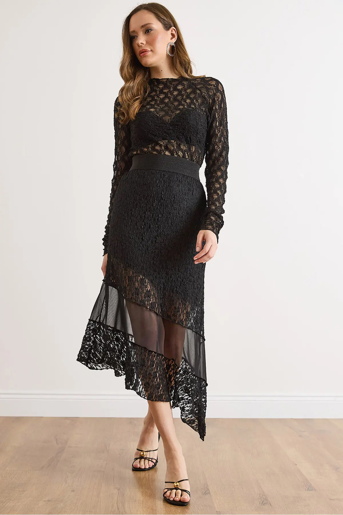 Olalook Women's Black Tulle Detailed Lined Lace Skirt