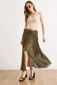 Olalook Women's Khaki Waist Accessories Lined Slit Boho Skirt