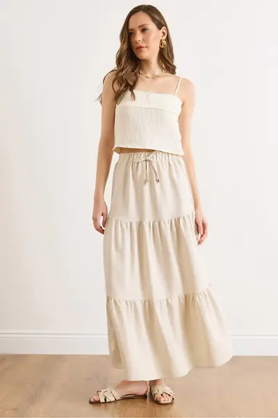 Olalook Women's Stone Waist Elastic Maxi Linen Skirt