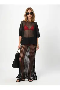 Olalook Women's Black Metallic Textured Openwork Beach Skirt - Image 2