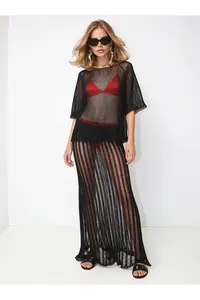 Olalook Women's Black Metallic Textured Openwork Beach Skirt - Image 5