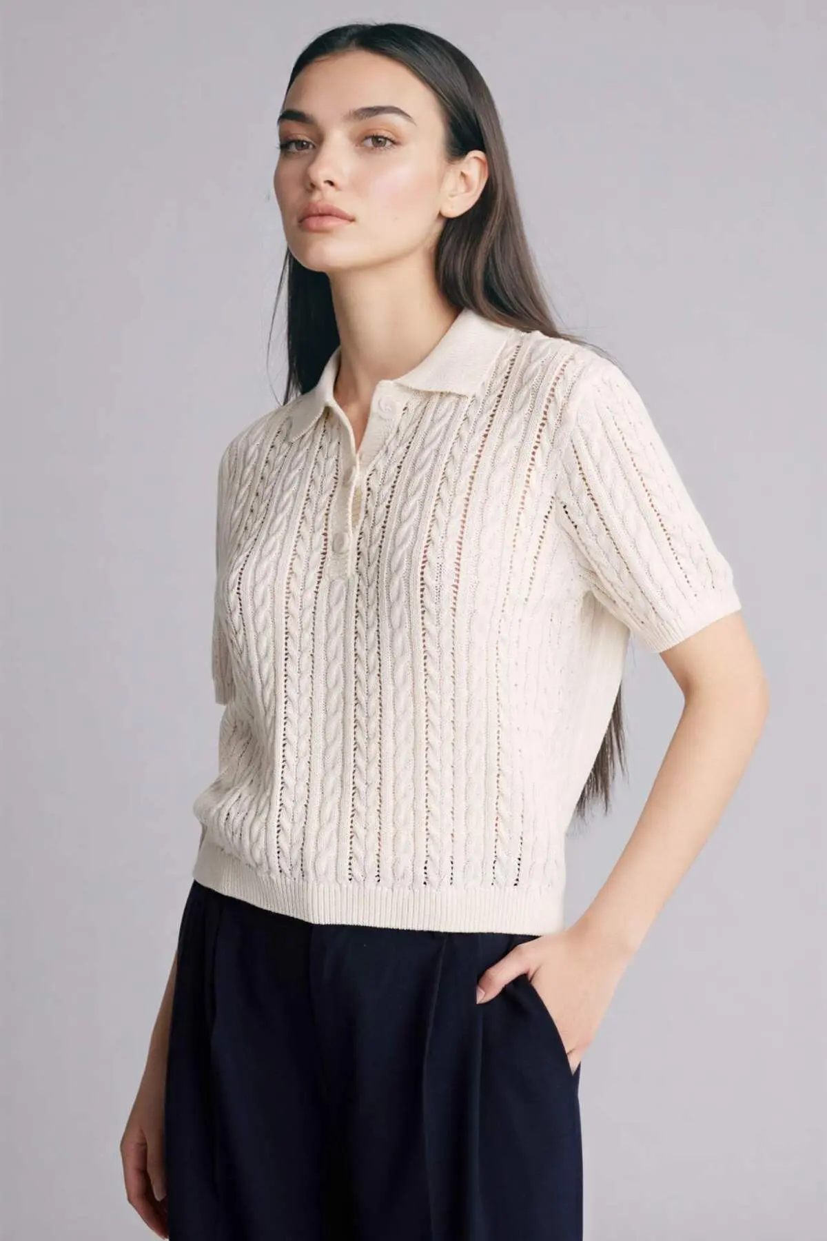 DeFacto Regular Fit Polo Neck Openwork Knitwear Sweater