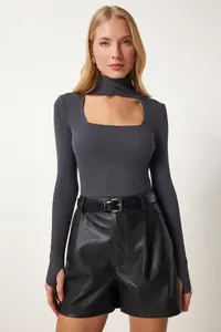 Happiness İstanbul Women's Anthracite Cut Out Detailed High Collar Ribbed Knitwear Sweater