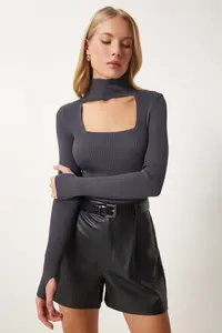 Happiness İstanbul Women's Anthracite Cut Out Detailed High Collar Ribbed Knitwear Sweater - Image 2