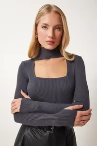 Happiness İstanbul Women's Anthracite Cut Out Detailed High Collar Ribbed Knitwear Sweater - Image 3