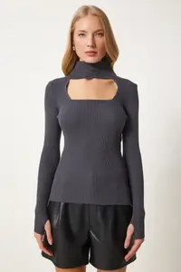 Happiness İstanbul Women's Anthracite Cut Out Detailed High Collar Ribbed Knitwear Sweater - Image 4