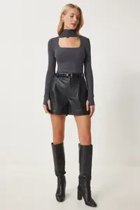 Happiness İstanbul Women's Anthracite Cut Out Detailed High Collar Ribbed Knitwear Sweater - Image 5