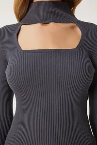 Happiness İstanbul Women's Anthracite Cut Out Detailed High Collar Ribbed Knitwear Sweater - Image 6
