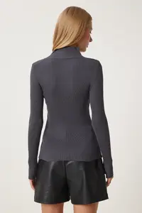 Happiness İstanbul Women's Anthracite Cut Out Detailed High Collar Ribbed Knitwear Sweater - Image 7