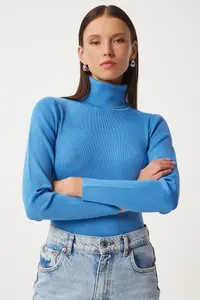 Happiness İstanbul Women's Blue Turtleneck Saran Lycra Knitted Sweater