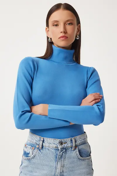 Happiness İstanbul Women's Blue Turtleneck Saran Lycra Knitted Sweater