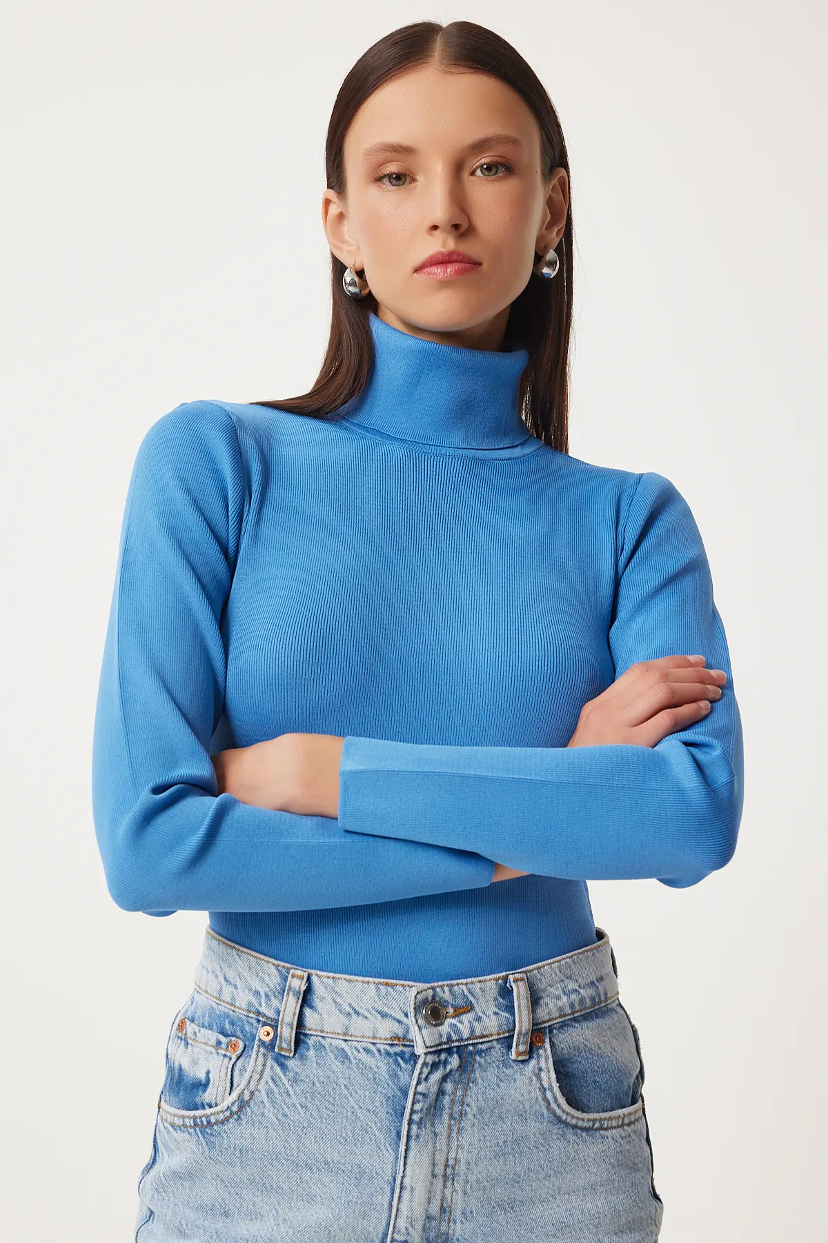 Happiness İstanbul Women's Blue Turtleneck Saran Lycra Knitted Sweater