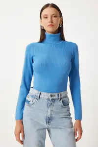 Happiness İstanbul Women's Blue Turtleneck Saran Lycra Knitted Sweater - Image 2