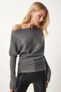Happiness İstanbul Women's Anthracite Asymmetric Collar Ribbed Sweater