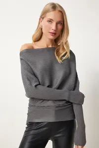 Happiness İstanbul Women's Anthracite Asymmetric Collar Ribbed Sweater - Image 2