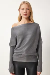 Happiness İstanbul Women's Anthracite Asymmetric Collar Ribbed Sweater - Image 3
