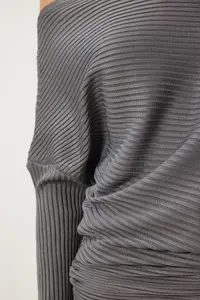 Happiness İstanbul Women's Anthracite Asymmetric Collar Ribbed Sweater - Image 4