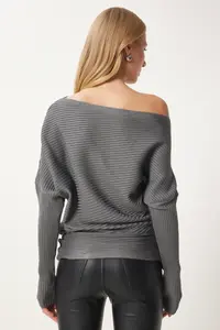 Happiness İstanbul Women's Anthracite Asymmetric Collar Ribbed Sweater - Image 5