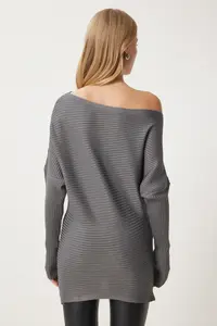 Happiness İstanbul Women's Anthracite Asymmetric Collar Ribbed Sweater - Image 6