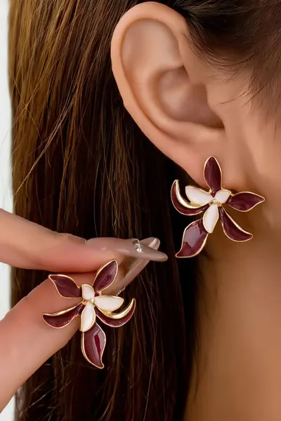 Glaren Burgundy Double Layer Leaf Enamel Flower Women Earrings