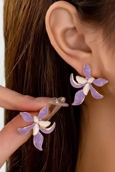 Glaren Purple Double Layer Leaf Enamel Flower Women Earrings