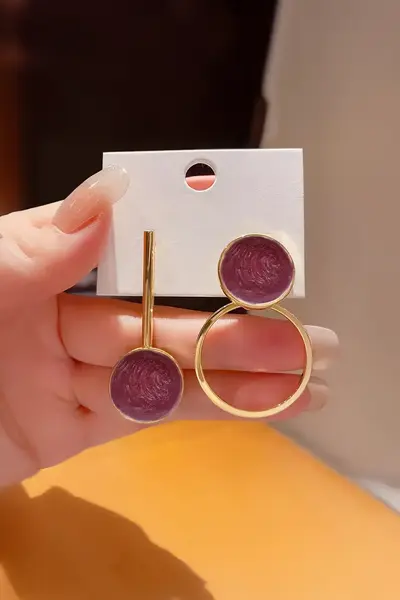 Glaren Burgundy Mineli Asymmetric Daire Gold Color Women Earrings