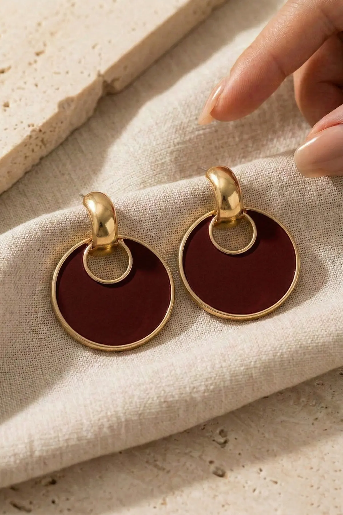 Glaren Burgundy Dangling Round Gold Color Women Earrings