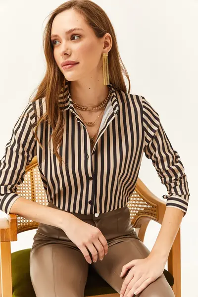 Olalook Women Black Striped Weaving Shirt