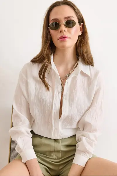 Olalook Women WHITE textured Rahat Pattern Shirt