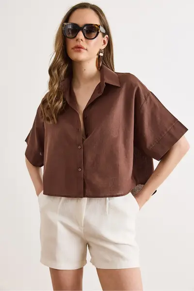 Olalook Women's Brown Six Oval Loose Fit Cotton Flam Shirt