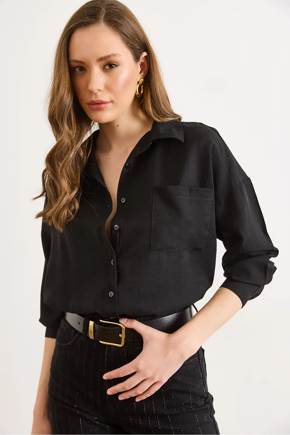 Olalook Women Black textured Loose Shirt
