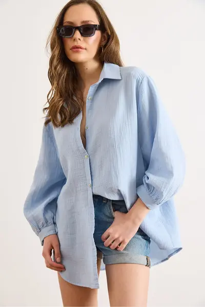 Olalook Women's Baby Blue Oversize Muslin Shirt