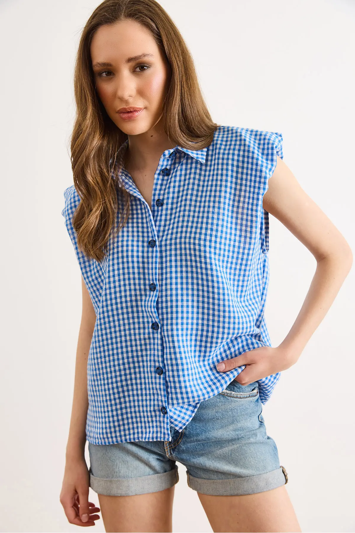 Olalook Women's Blue Shoulder Detailed Gingham Sleeveless Shirt