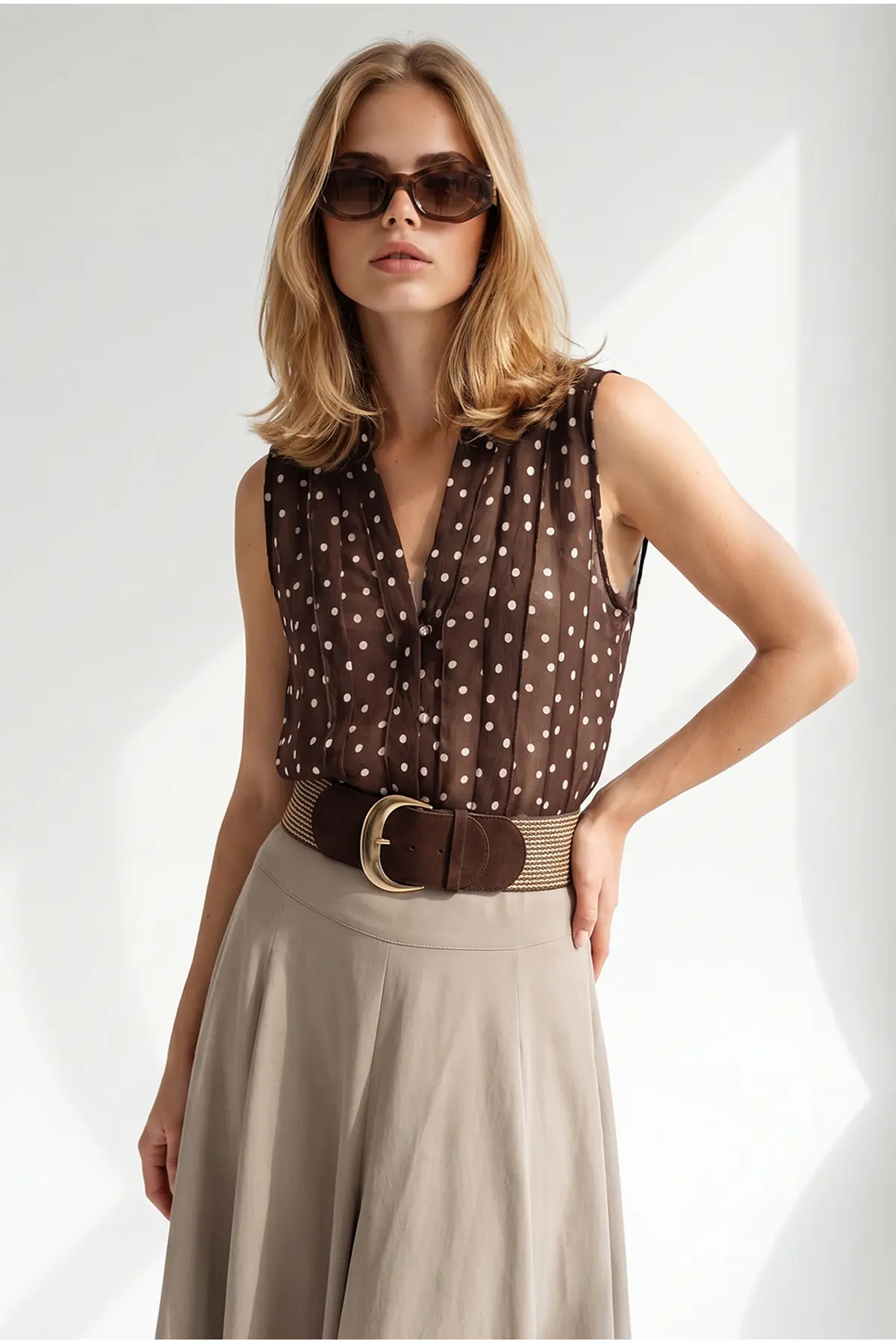 Olalook Women's Brown Stone Buttoned Polka Dot Semi-Transparent Sleeveless Shirt